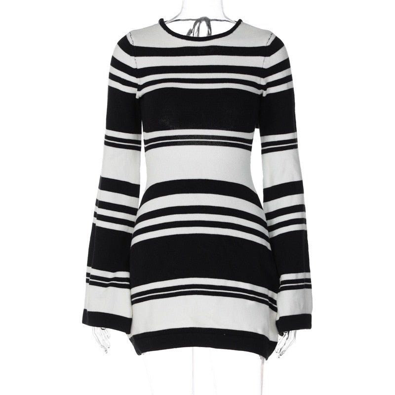 Striped Long Sleeve Backless Knit Mini Dress
