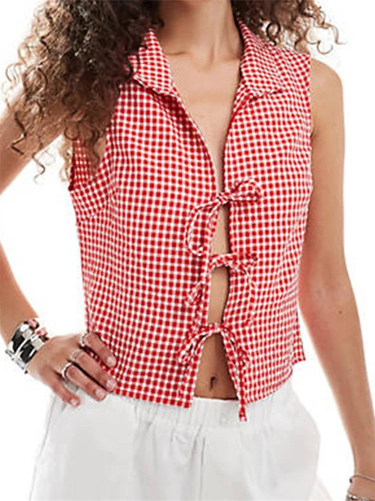Split Tie-up Plaid Lapel Collar Tank Crop Top