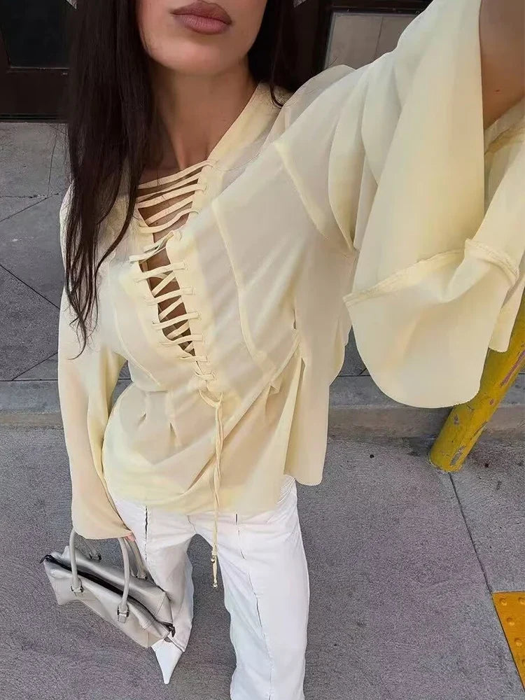 Tied Bow Flare Sleeve Blouse