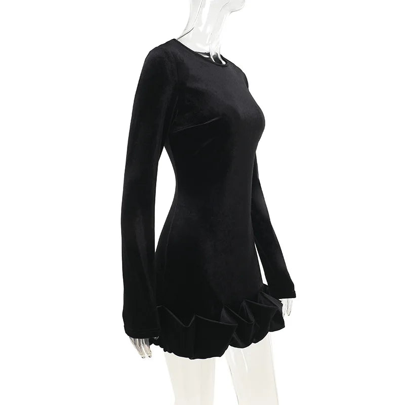 Velvet 3D Pleated Hem Long Sleeve Dress - View 7