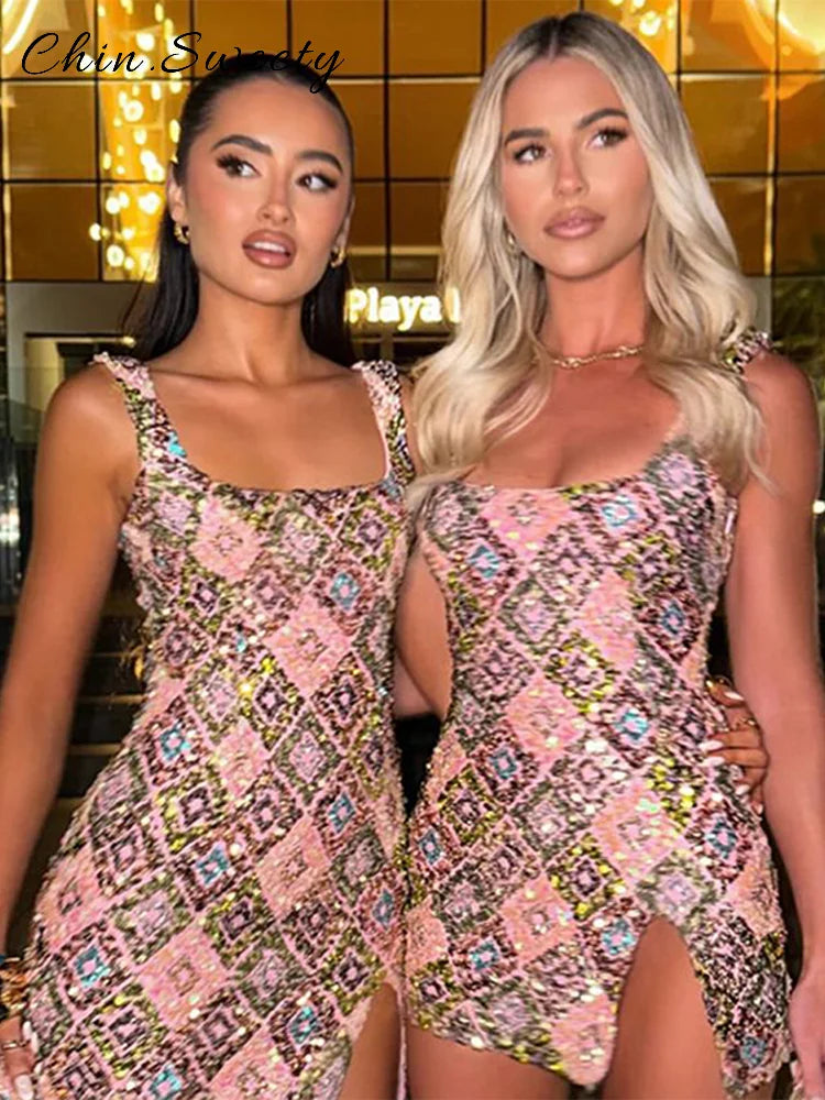 Sequin Square Neck Spaghetti Strap High Split Bodycon Mini Dress
