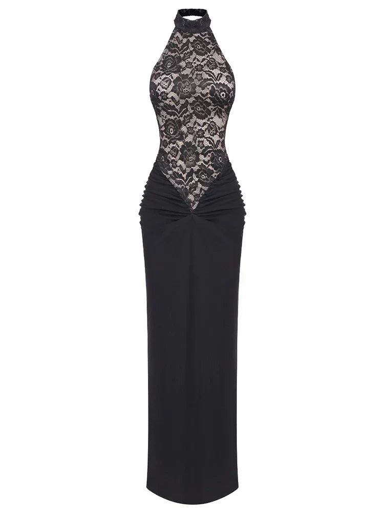 Halter Neck Lace Patchwork Black Maxi Dress - View 7