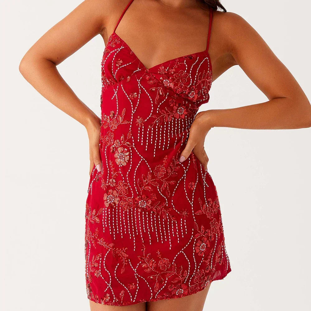 Beaded Floral Sweetheart Lace Up Back Bodycon Mini Dress - View 6