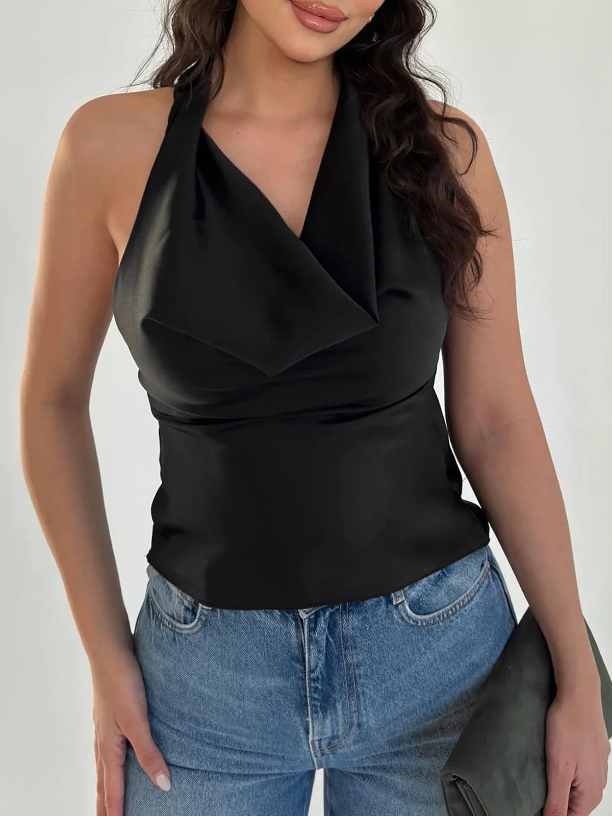 Halter Lace Up Ruched Solid Cami Top