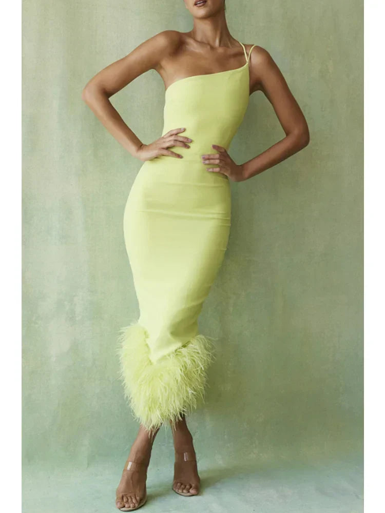 Elegant Spaghetti Strap Feather Midi Dress