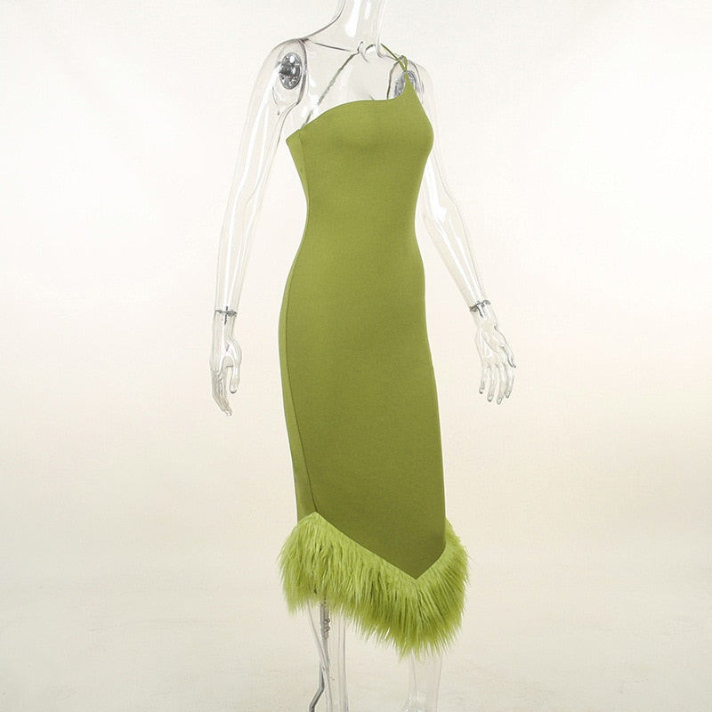 One-Shoulder Feather Trim Bodycon Midi Dress 7