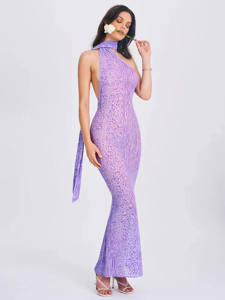 One Shoulder Neck Scarf Tie Animal Print Bodycon Mermaid Maxi Dress - View 3