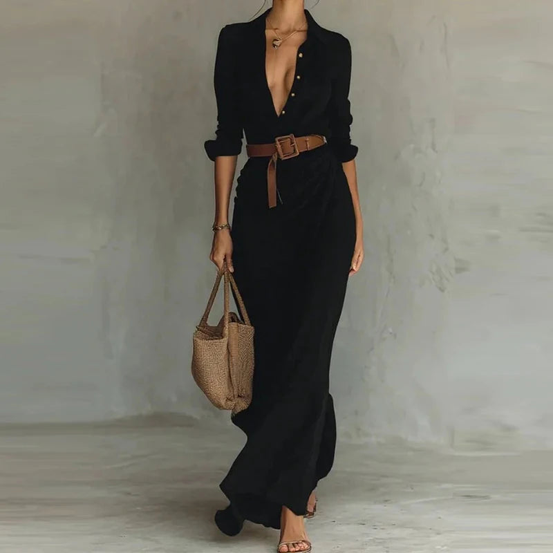 Draped Long Sleeve Belted Casual Dress for Elegant Events