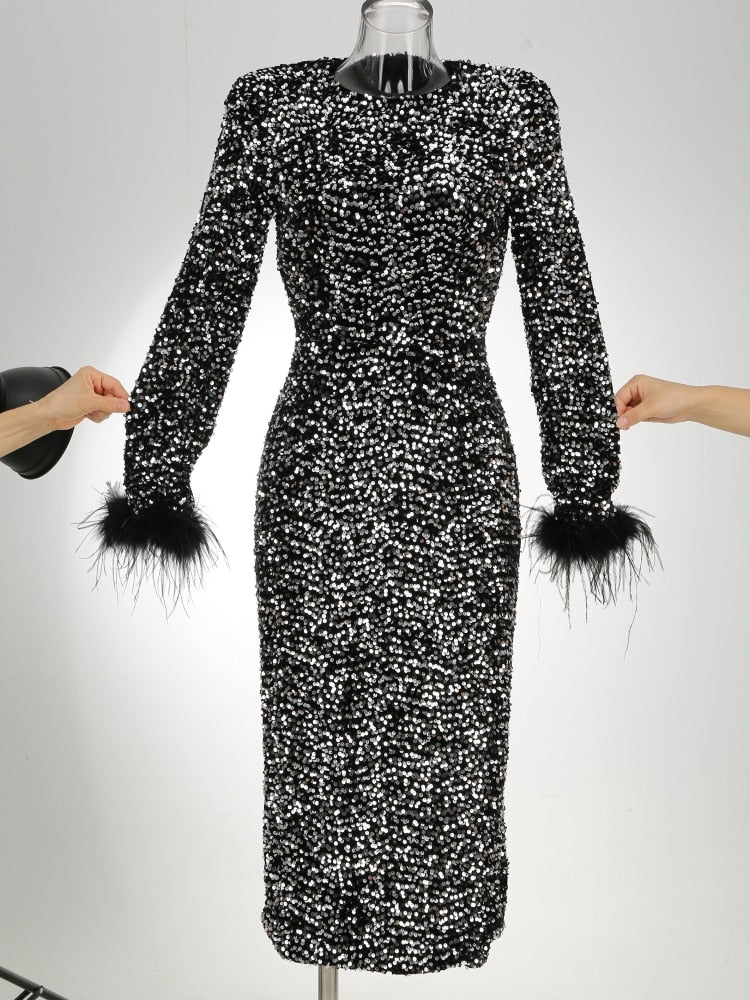 Sequin Round Neck Long Sleeve Feather-Cuff Bodycon Dress 22