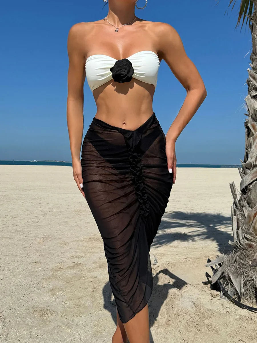 3D Flower Bandeau Bikini with Mesh Skirt Three Piece Swimsuit
