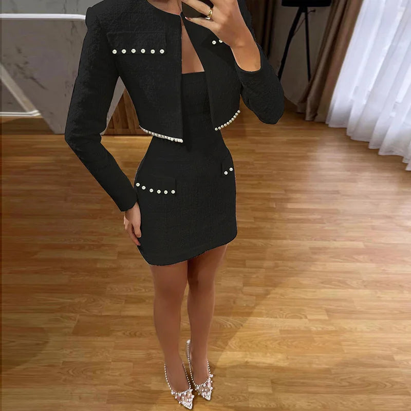 Pearl Long Sleeve Coat And Mini Strapless Dress Sets - View 7