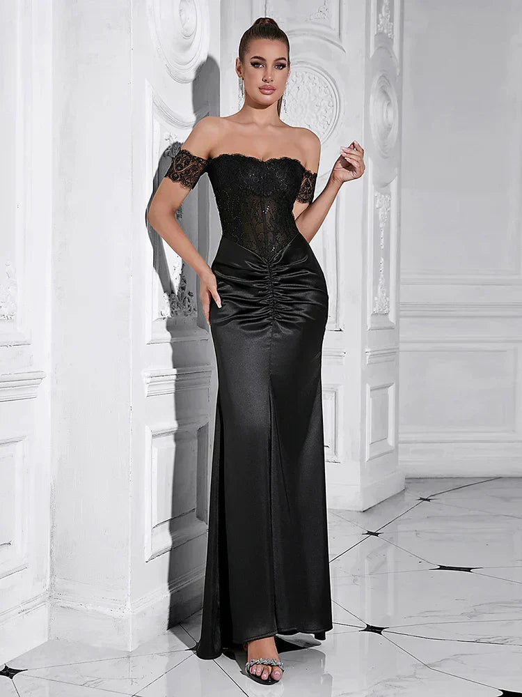 Lace Corset Off Shoulder Sweetheart Ruched Front Maxi Gown