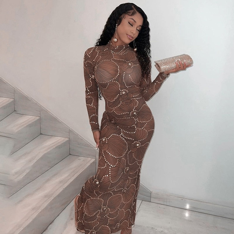 Embellished High Neck Long Sleeve Bodycon Maxi Dress