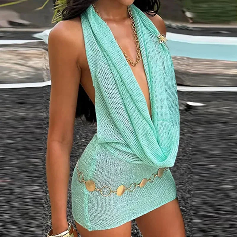 Sequin Halter Cowl Neck Backless Draped Mini Party Dress - View 8