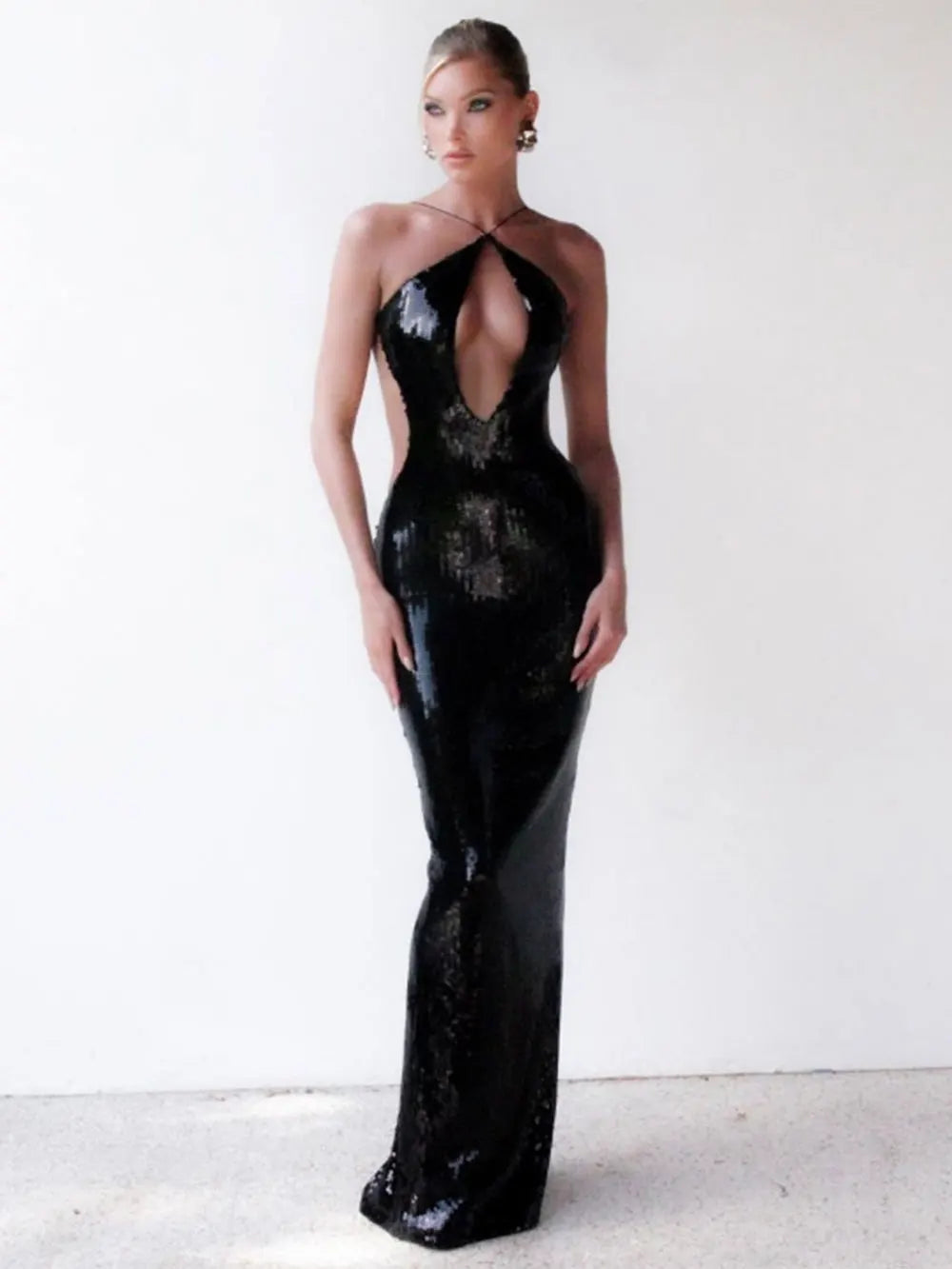 Sequin Deep V-Neck Halter Mermaid High Split Maxi Dress - View 8
