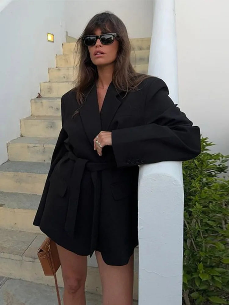 Deep V-Neck Notched Lapel Tie Waist Blazer Mini Dress - View 3