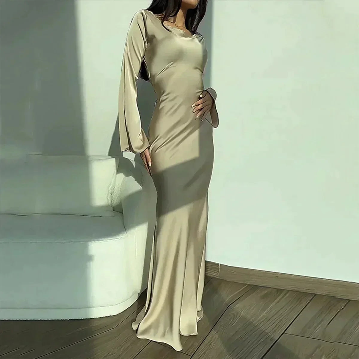 Satin Cowl Neck Bell Sleeve Bodycon Maxi Gown