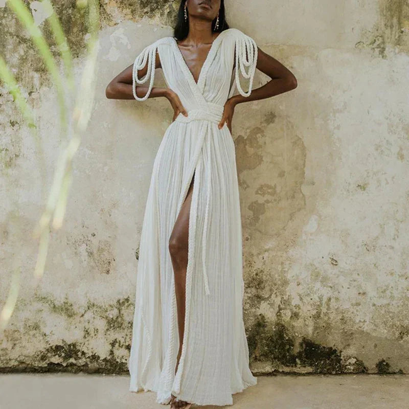Braided Rope Trim One Shoulder Belted High Split Maxi Dress - View 16
