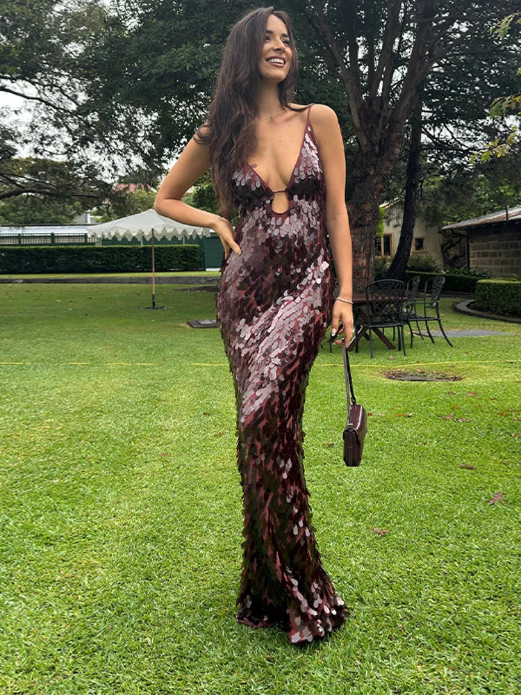 Sequin Deep V-Neck Spaghetti Strap Cut Out Slip Maxi Dress - View 5