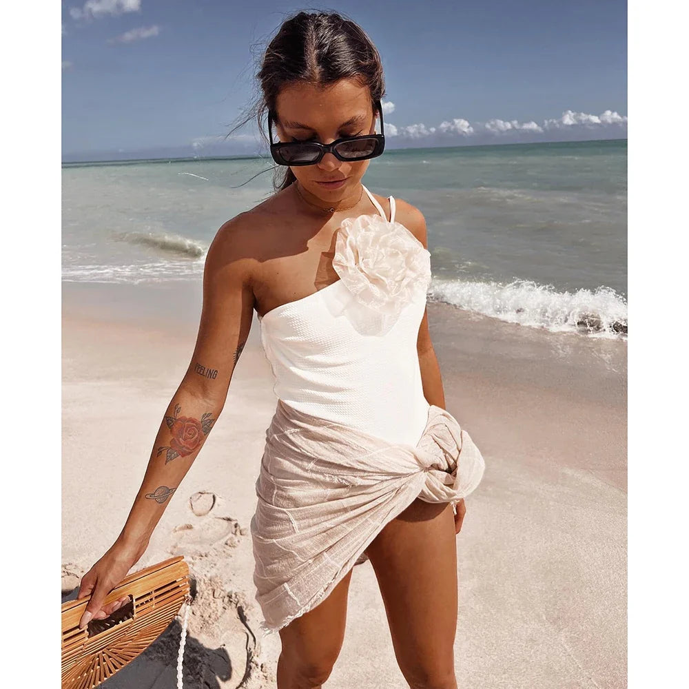 Solid White Lace Up Floral Backless One Piece Swimwear