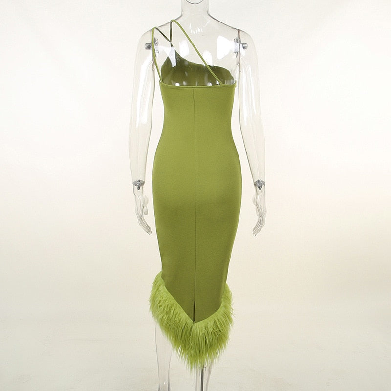 One-Shoulder Feather Trim Bodycon Midi Dress 8