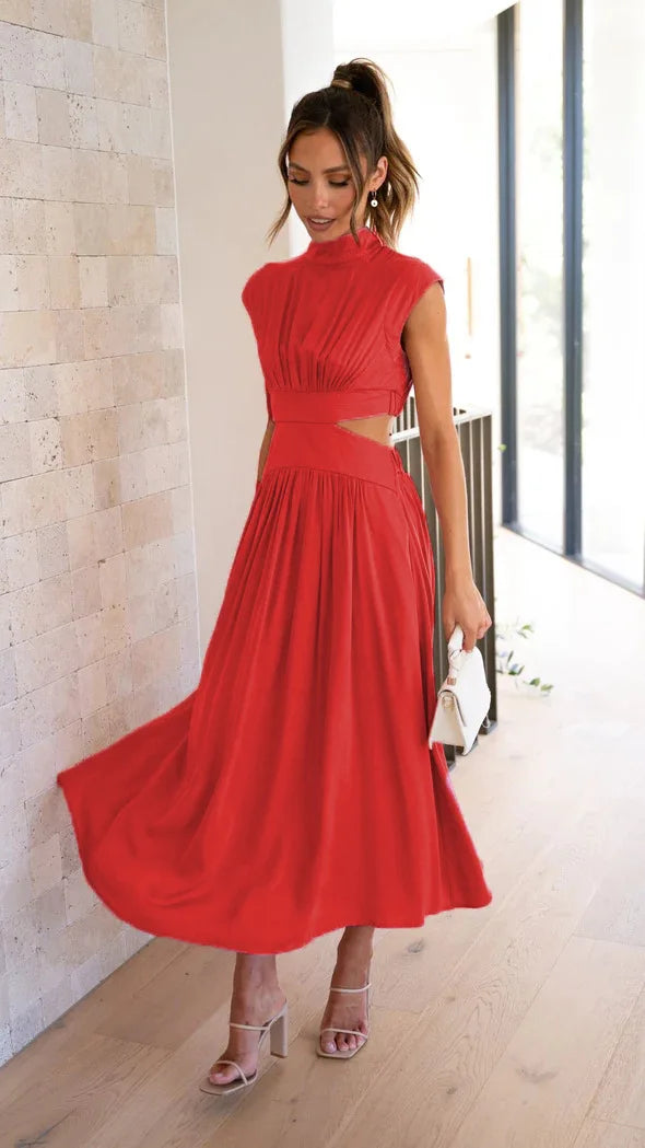Sleeveless Mock Neck Side Cut Out Pleated Maxi Dress - View 6