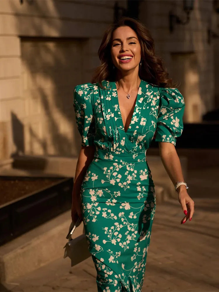 Floral Print Deep V-Neck Puff Sleeve Bodycon Midi Cocktail Dress