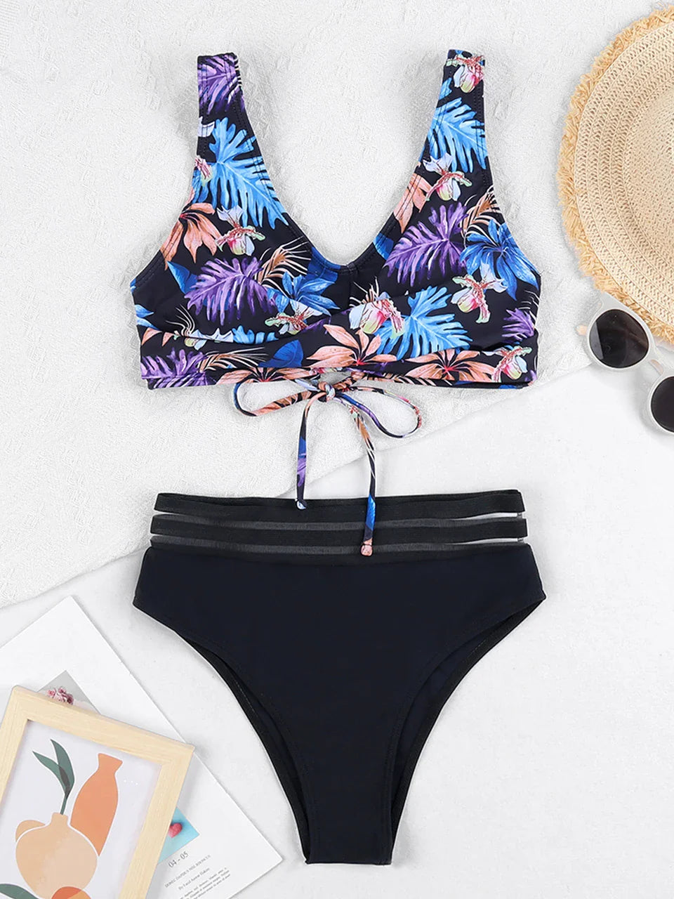 Drawstring Strap Tape Print Two Piece Set