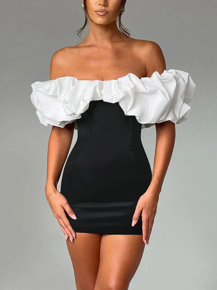 Off Shoulder Ruffle Puff Band Strapless Bodycon Mini Dress