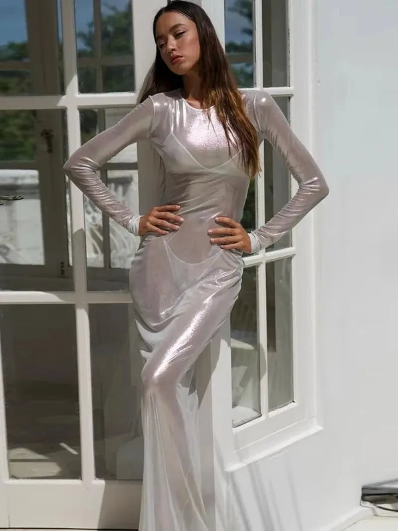 Mesh Long Sleeve Crew Neck Bodycon Maxi Dress - View 3