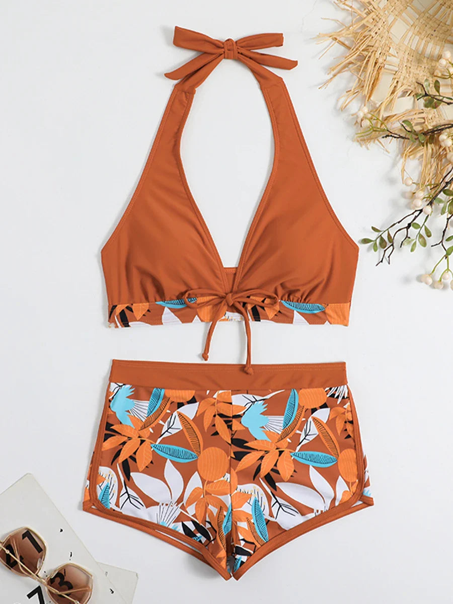 Leaf Print Knot Front Halter Two Piece Set