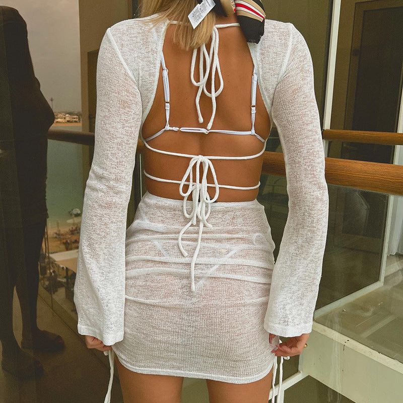 Sheer Knit Flared Sleeve Cutout Bodycon Mini Dress 5