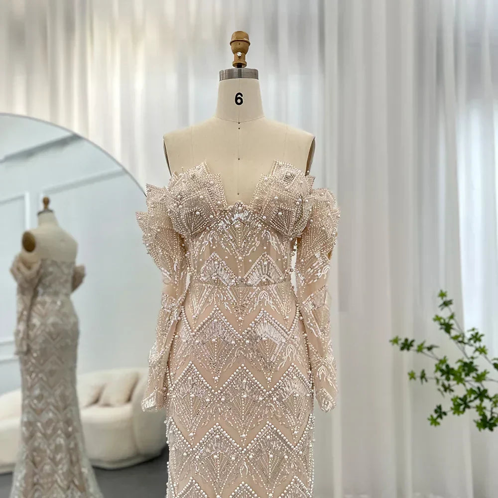 Beaded Off Shoulder Long Sleeve Mermaid Maxi Gown - View 6