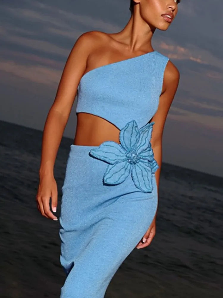 Textured Knit One-Shoulder 3D Floral Two-Piece Set