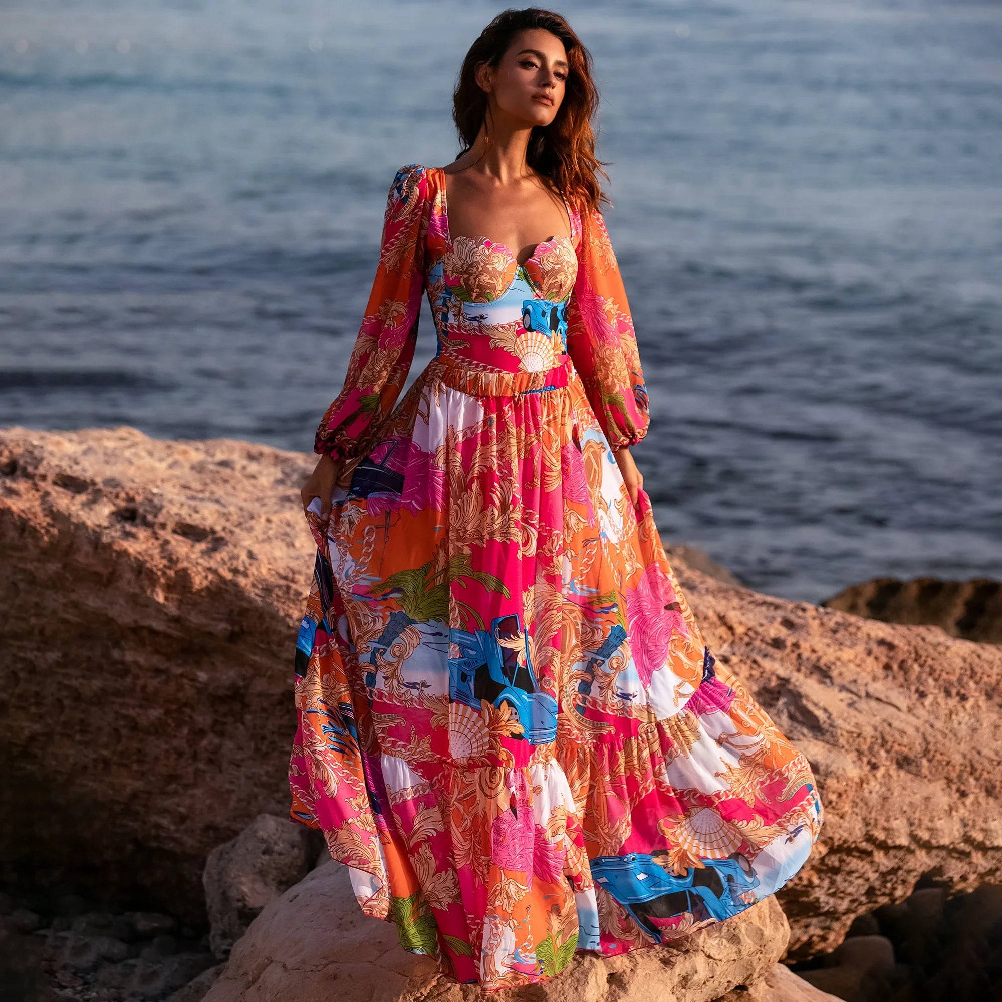 Long Sleeve Print Skirt Two Piece Set