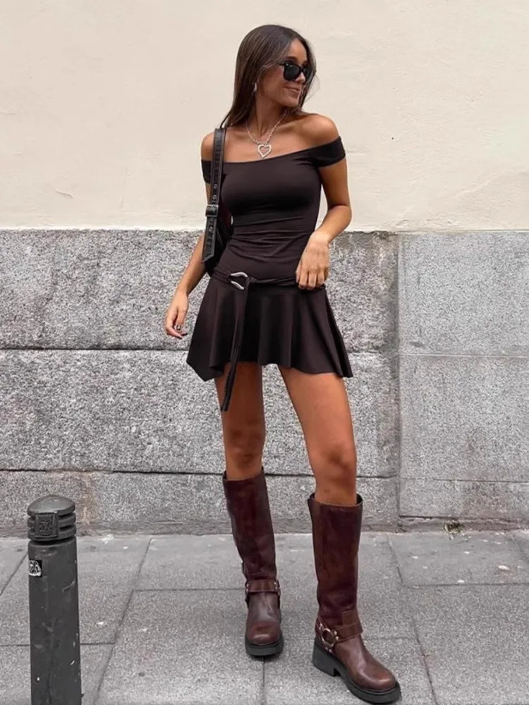 Off Shoulder Ruched Ring Buckle Belt Ruffle Hem Mini Dress - View 2