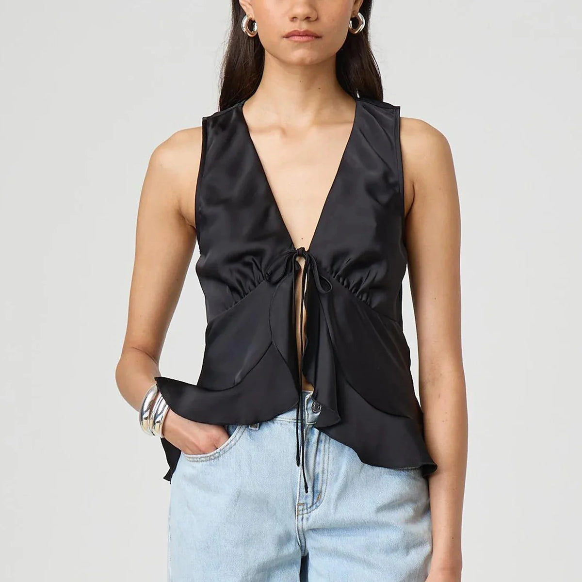 Bow Tie-up V-Neck Ruffled Hem Silky Cami Top