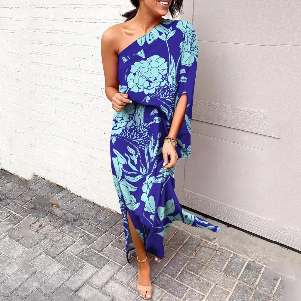 One Shoulder Long Sleeve High Split Asymmetric Maxi Dress
