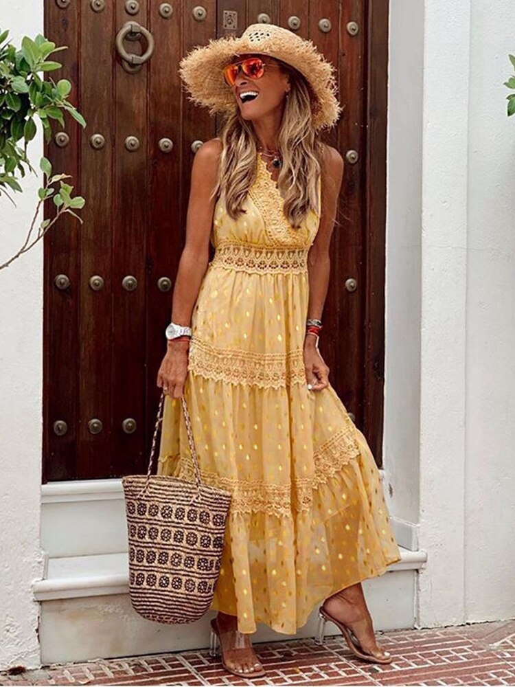 Crochet Lace Trim V-Neck Sleeveless Tiered Maxi Summer Dress - View 5
