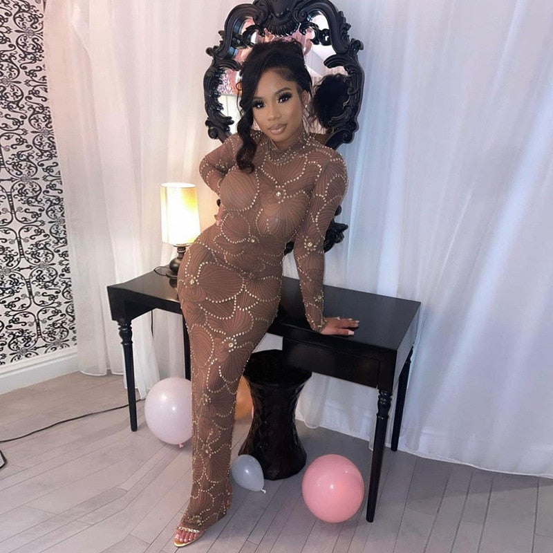 Embellished High Neck Long Sleeve Bodycon Maxi Dress
