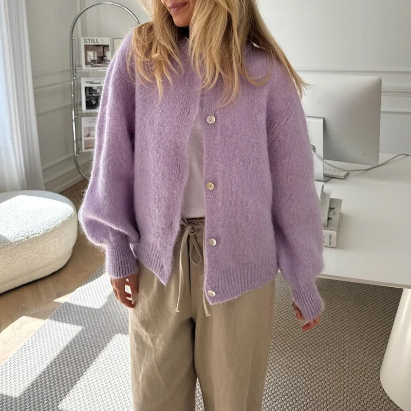 Solid Round Neck Single Breasted Cardigan