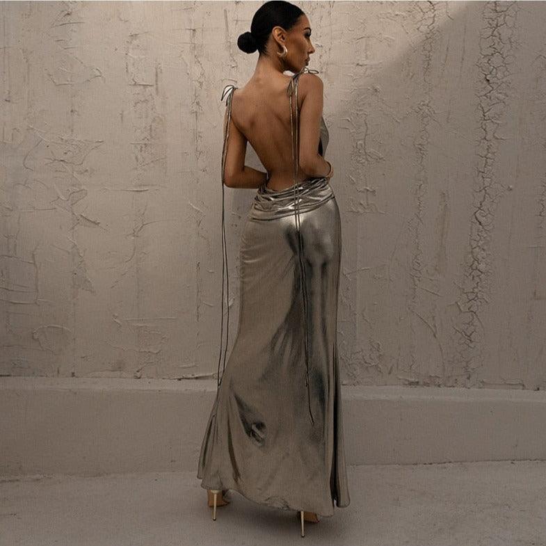 Metallic Tie-Strap Backless Cowl-Back Maxi Dress 4