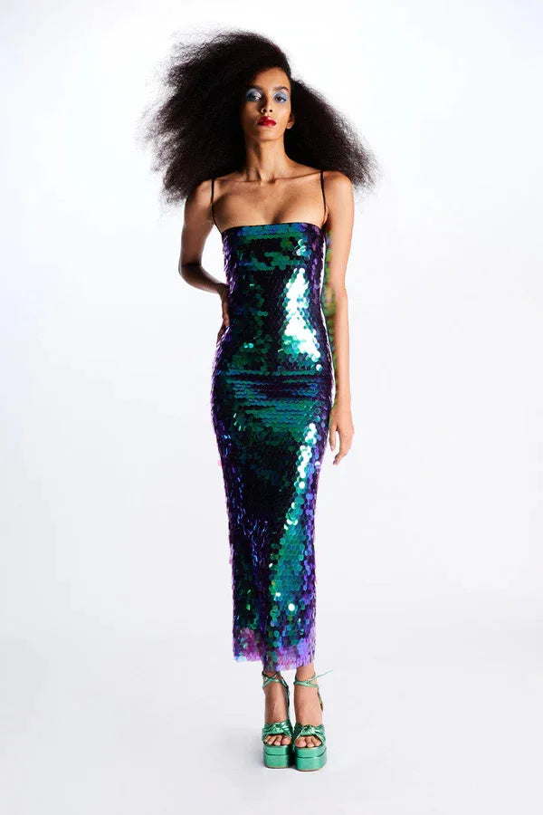 Paillette Sequin Square Neck Spaghetti Strap Bodycon Midi Dress - View 5