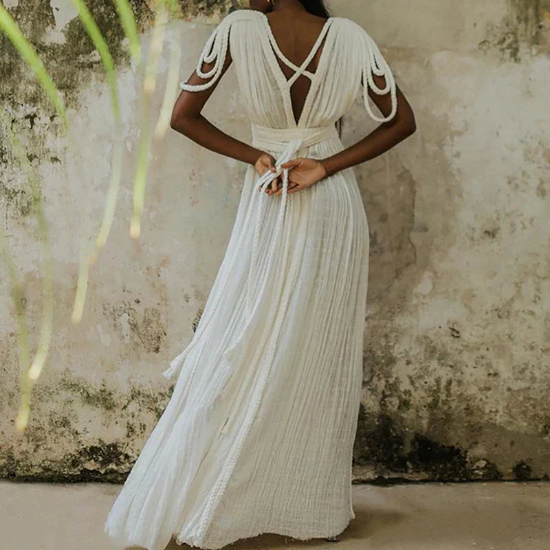 Braided Rope Trim One Shoulder Belted High Split Maxi Dress - View 14