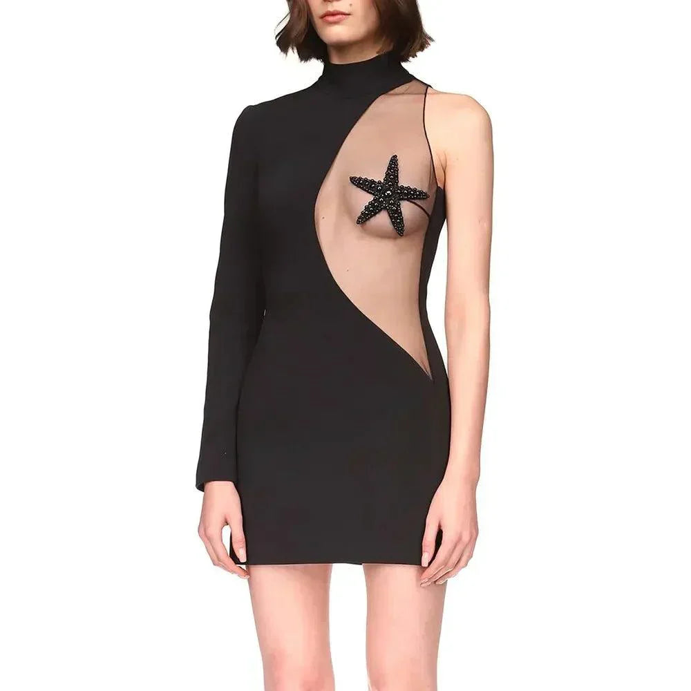 One Shoulder Long Sleeve Starfish Mesh Panel Bodycon Mini Dress - View 12