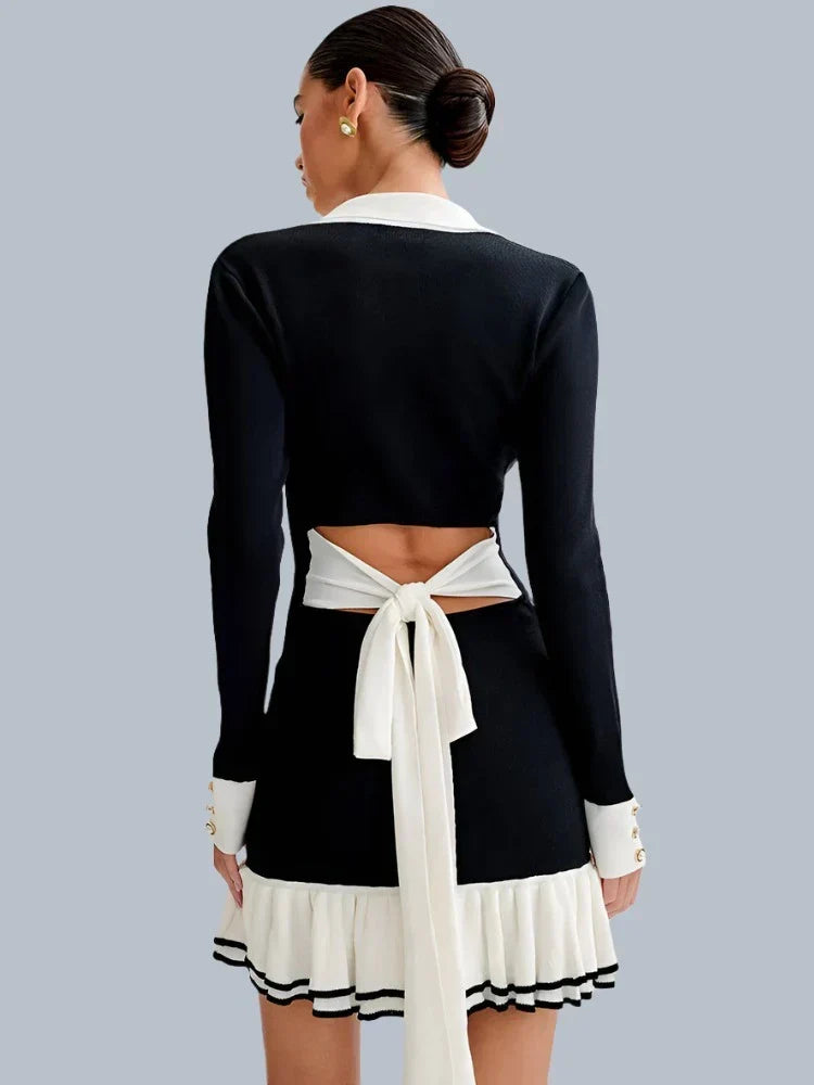 Ruffled Contrast Bow Open Back Lace - Up Knit Mini Dress - View 3