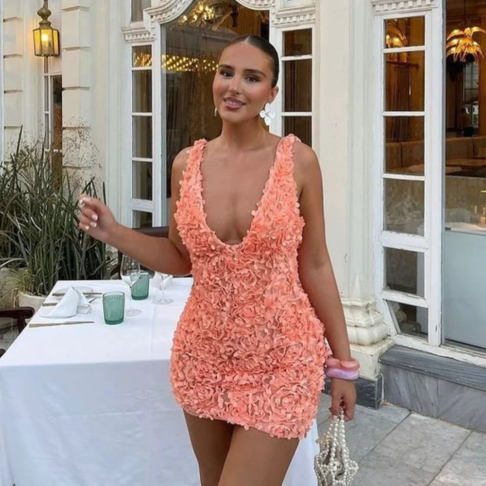 Floral Applique Deep V-Neck Sleeveless Bodycon Mini Dress