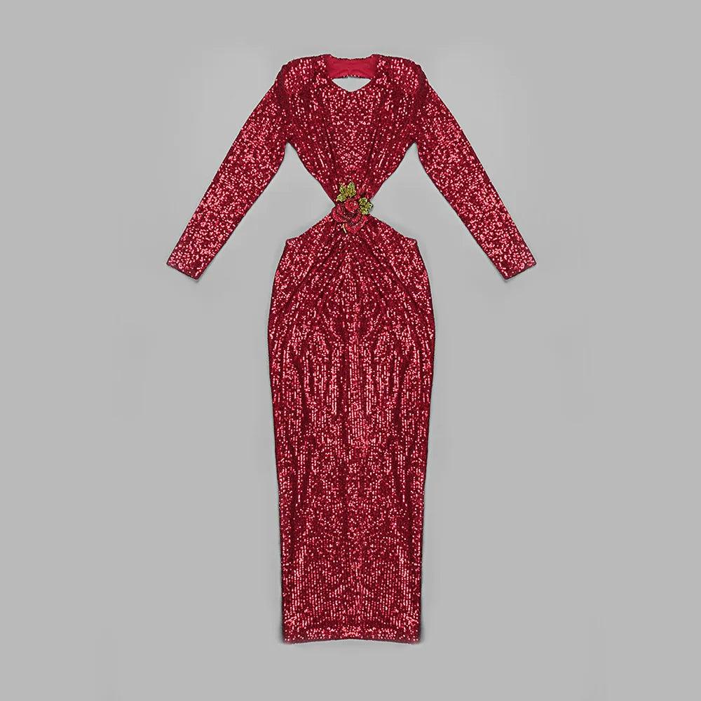 Sequin Long-Sleeve Cutout Floral-Applique Ruched Maxi Dress 21