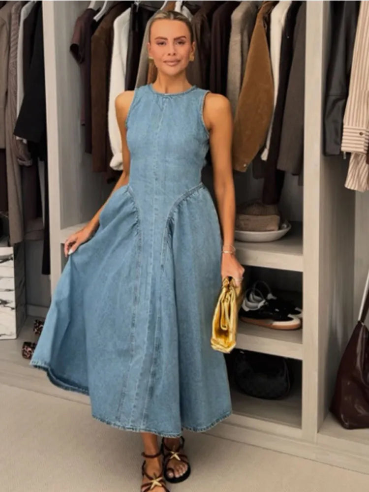 Denim Slim O-Neck Sleeveless High Waist Pleated Work Dress