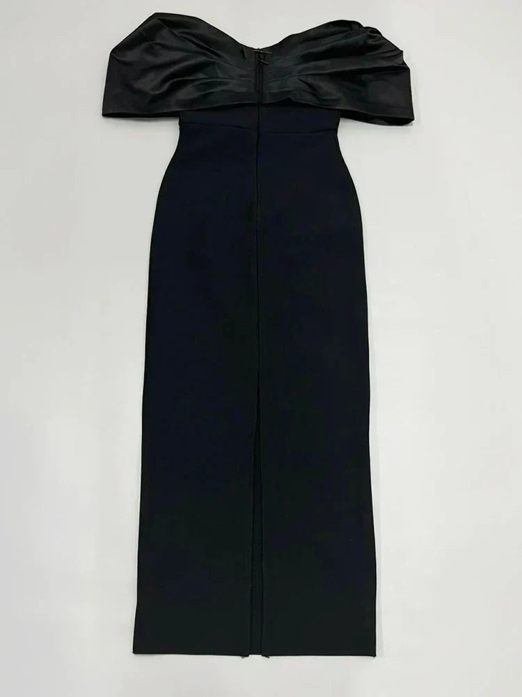 Off Shoulder Satin Bow Rhinestone Embellished Bodycon Midi Dress - View 3